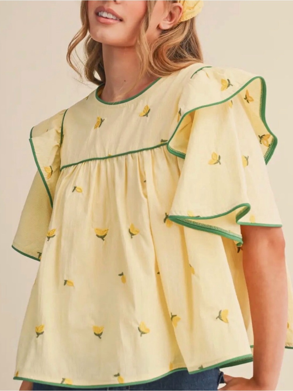 Yellow Lemon Embroidered Flutter Sleeve Top